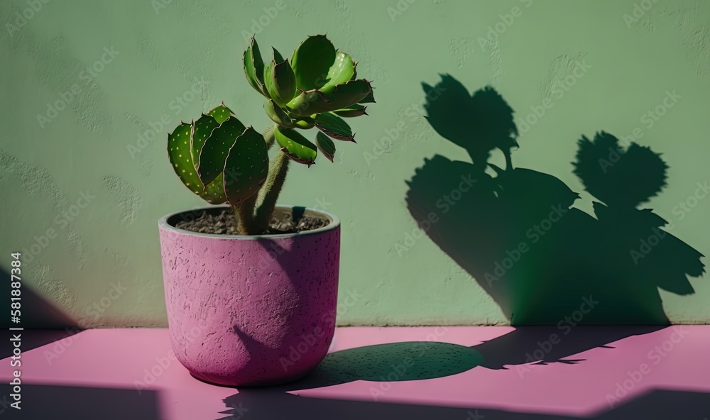  a potted plant sitting on top of a pink table next to a green wall with the shadow of a plant on it