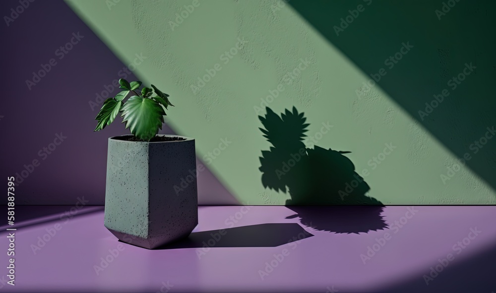  a plant in a cement pot casts a shadow on a wall behind it, with a green plant in the corner of the