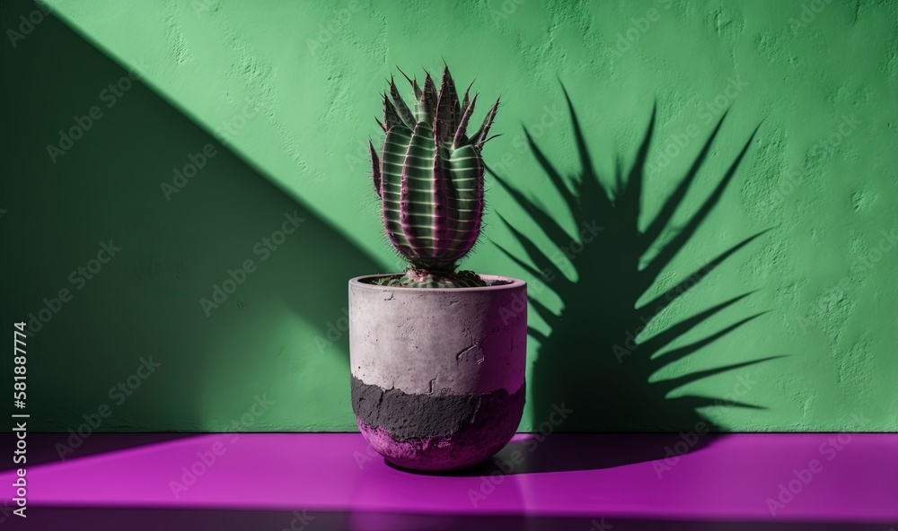  a cactus in a pot with a green wall in the background and a shadow of a plant on the floor in the f