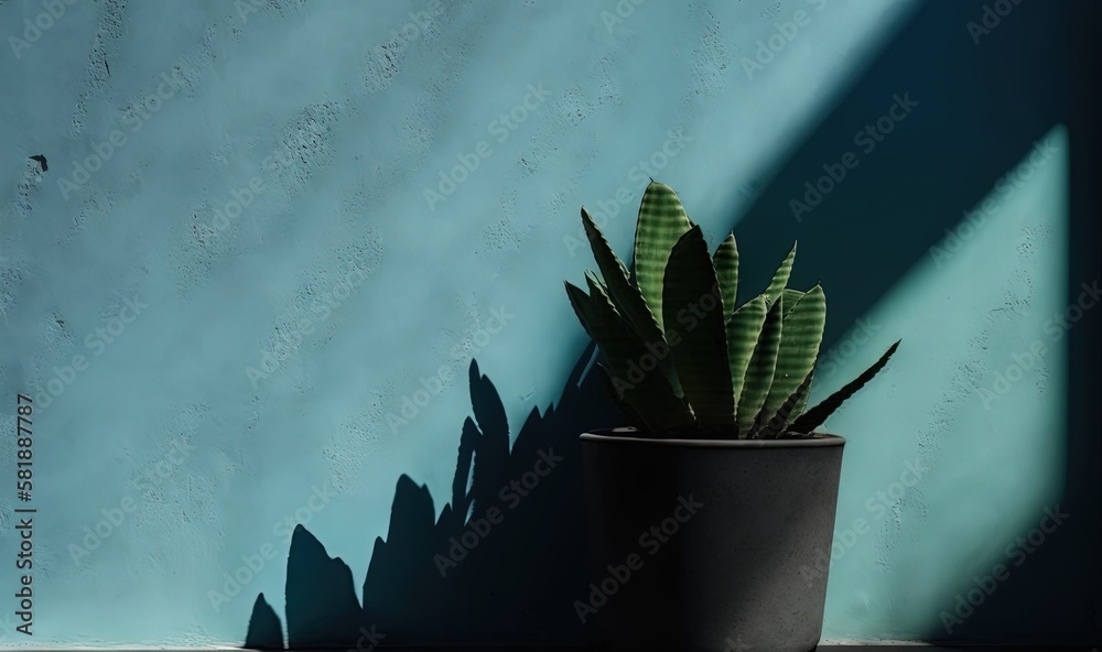  a plant is casting a shadow on a wall with a blue wall in the background and a black pot with a gre