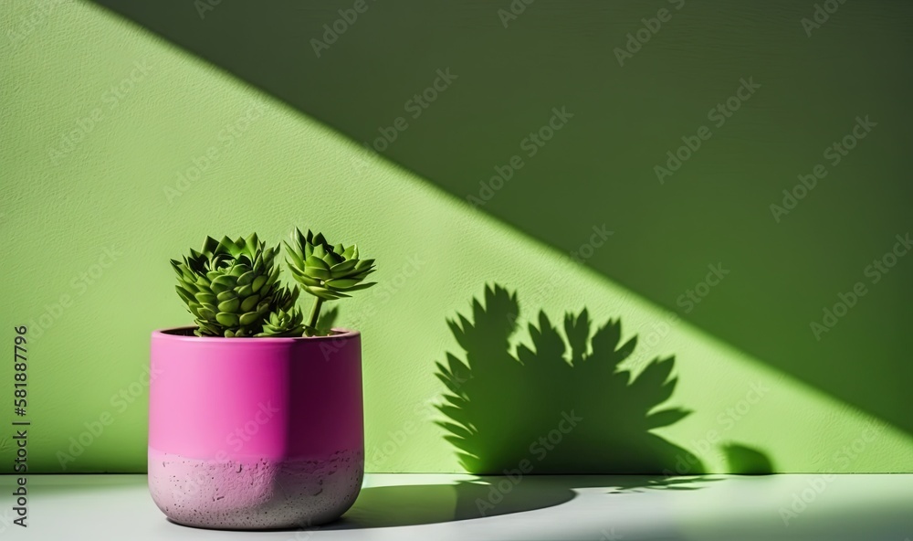  a small potted plant sitting on a table next to a shadow of a plant on the wall behind it and a gre