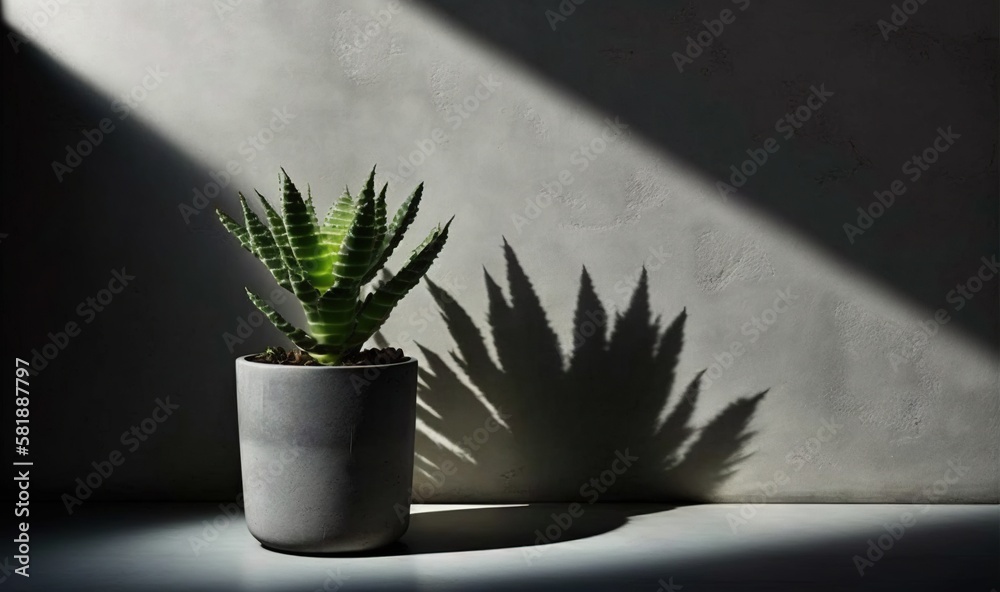  a potted plant sitting on top of a table next to a wall with a long shadow of a plant on the wall b