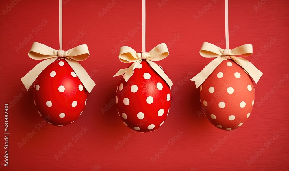  three red and white polka dot decorated eggs hanging from a line on a red wall with a white bow on 