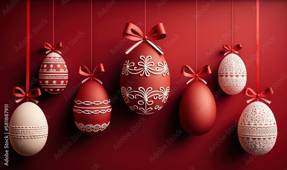  a group of eggs hanging from strings on a red wall with a bow around them and a ribbon on the end o