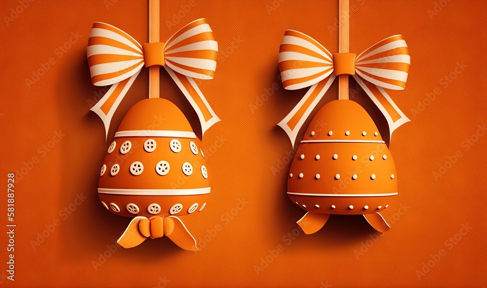  two orange and white bells with bows on a orange background with a white and orange bow on the top 