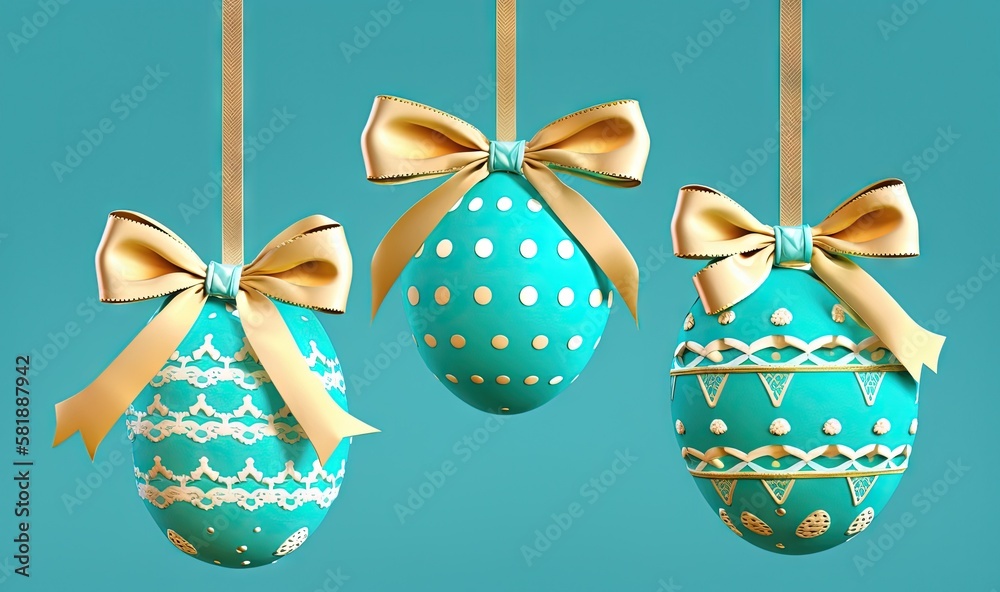  three decorated easter eggs hanging from a line with gold bows and bows on them, against a teal bac