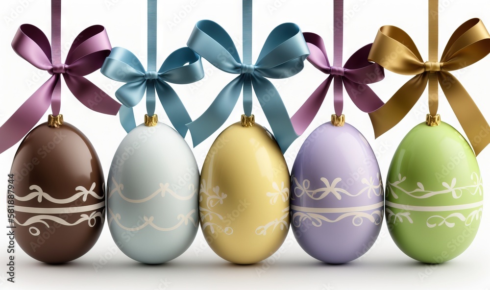  a row of decorated easter eggs with ribbons and bows hanging from the top of each egg, all decorate