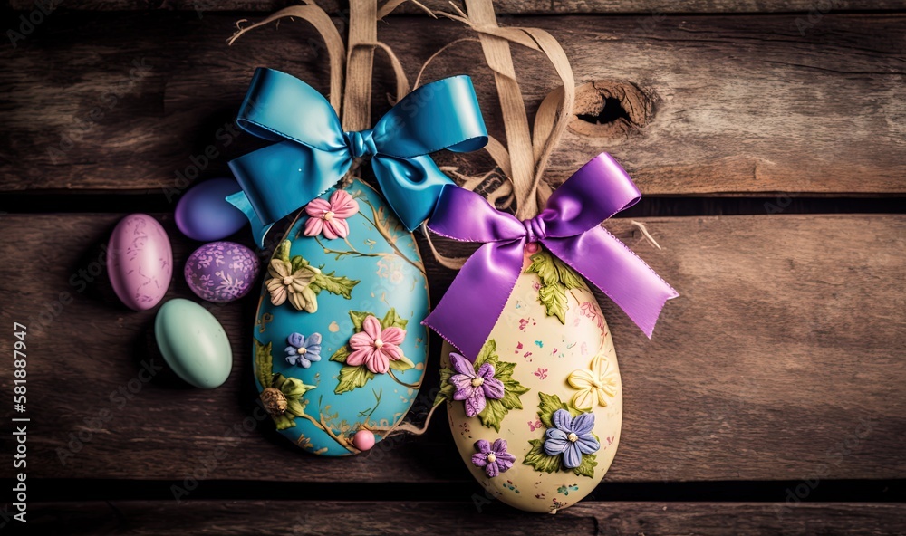  a group of decorated eggs sitting on top of a wooden table next to a bag with a bow on top of it an