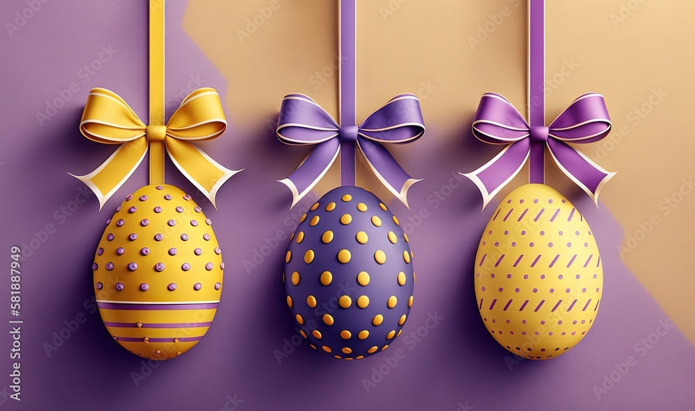  three decorated easter eggs hanging on a purple wall with a purple ribbon and a bow on the top of o