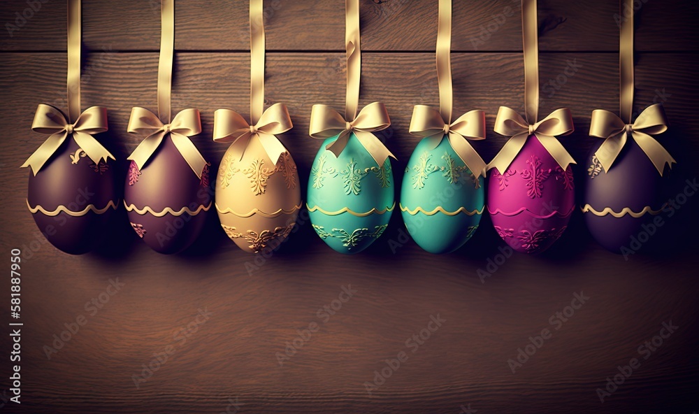  a row of colored eggs with bows hanging from a line on a wooden wall with a gold ribbon around the 