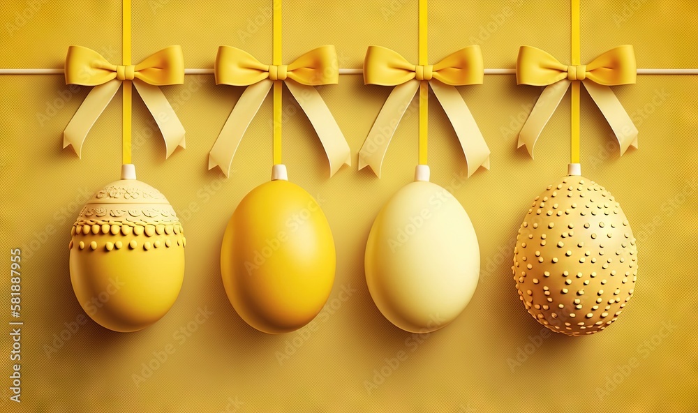  a row of easter eggs with bows hanging from a line on a yellow wall with a yellow wallpaper and a y