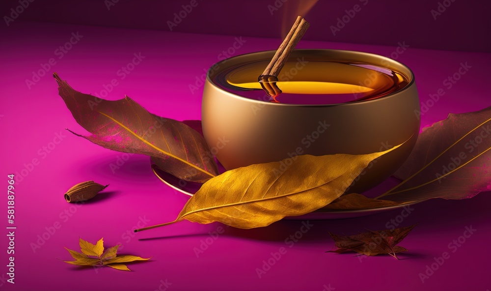  a cup of tea and some leaves on a purple surface with a purple background and a purple background w