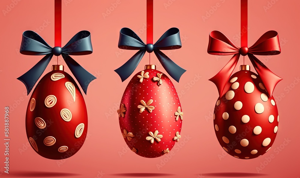  three decorated eggs hanging from a line with a bow on top of them and a ribbon on the end of each 