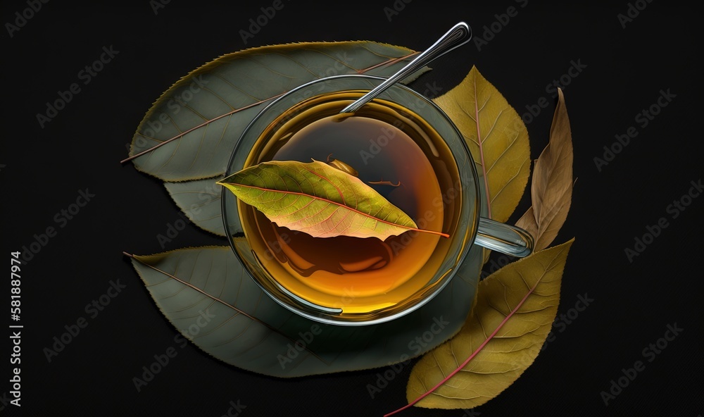  a cup of tea with a leaf and spoon on a saucer on a black surface with a black background and a lea