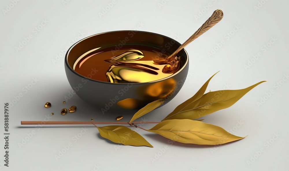  a bowl of liquid with a spoon and a leaf on the side of it, with a spoon in the bowl and a leaf on 