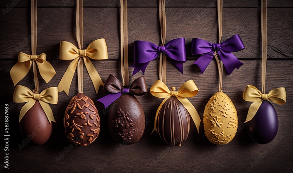  a row of chocolate eggs with bows on a wooden table with strings of ribbons hanging from the top of