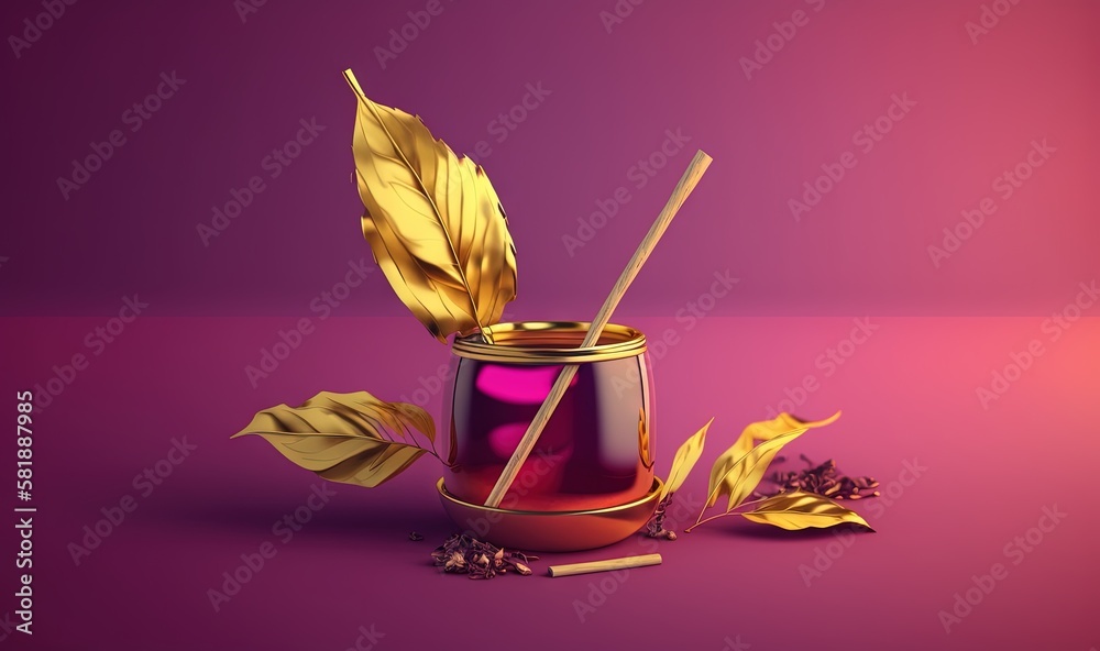  a red and gold cup with a golden leaf on it and a matchstick in the cup next to it on a purple back