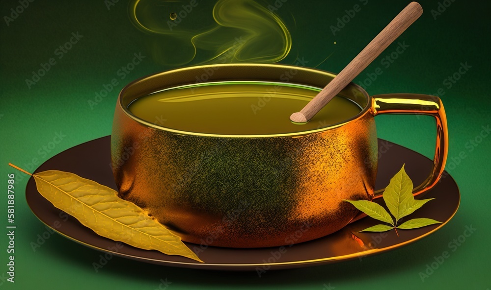  a cup of green tea with a wooden spoon on a saucer with a leaf on a plate next to it and smoke comi