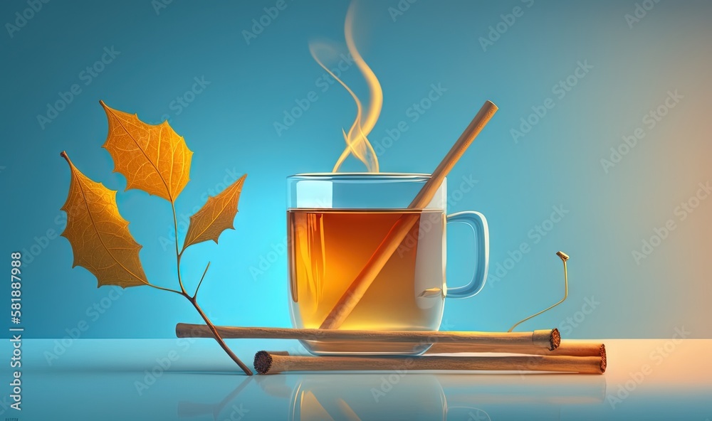  a cup of tea with a cinnamon stick and a maple leaf on a blue background with a blue sky in the bac