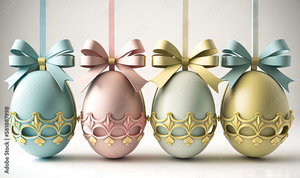  a row of decorated eggs with bows on a white background with a light blue ribbon hanging from the t