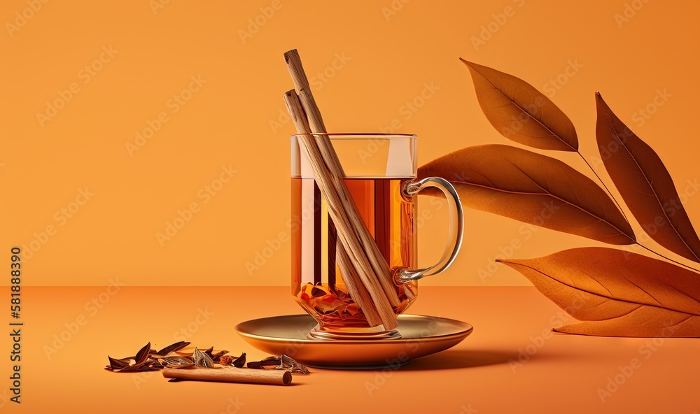  a cup of tea with two straws and a cup of tea with two straws on a saucer and a cup of tea leaves. 