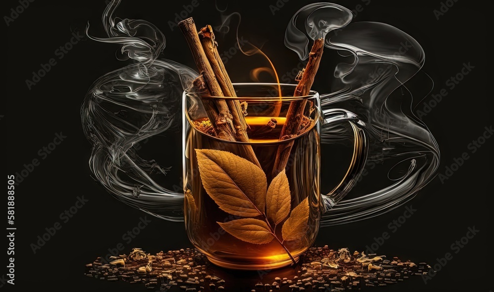  a glass of tea with smoke coming out of it and a leaf in the middle of the cup with the tea leaves 