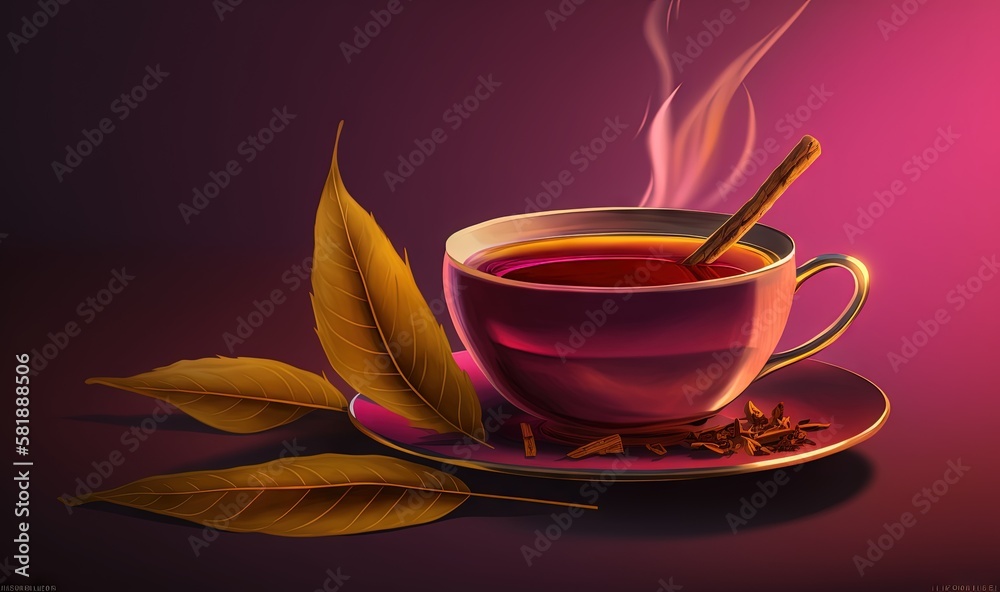  a cup of tea with a spoon and some leaves on a saucer with a spoon and a cup of tea on a saucer.  g