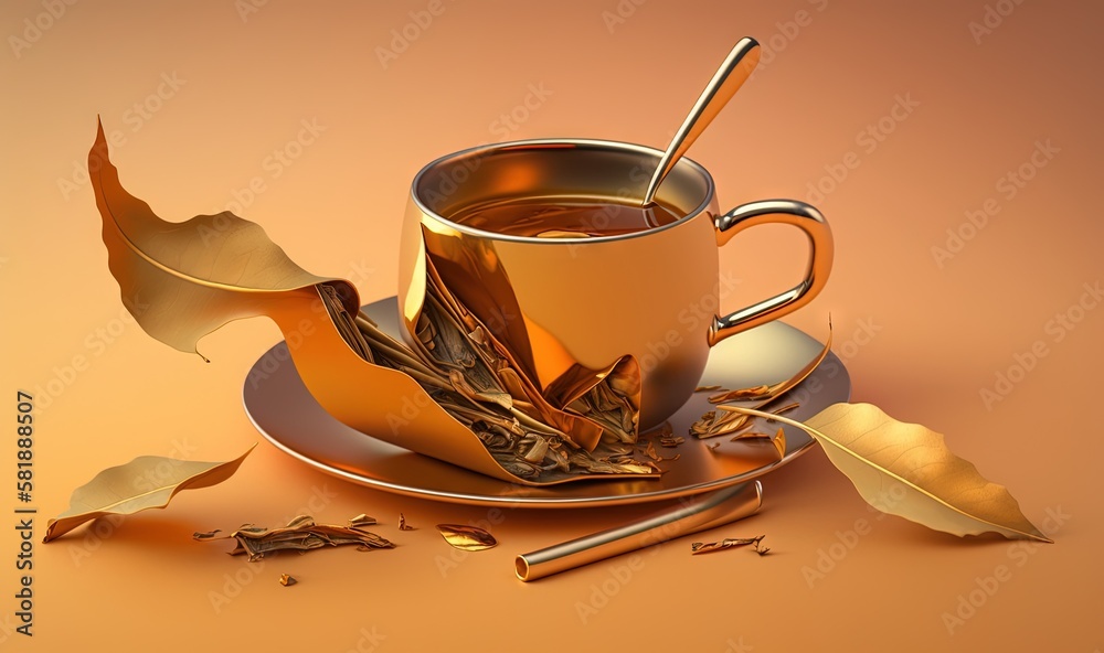  a cup of tea with a spoon and a spoon rest on a saucer next to a leaf and a spoon on a saucer.  gen