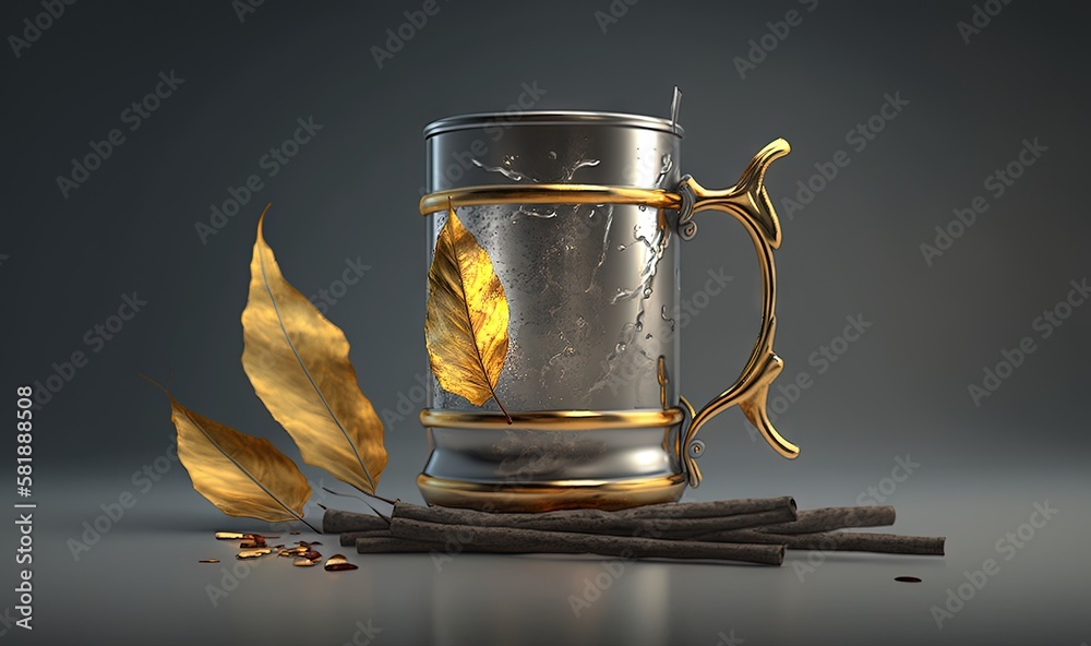  a cup of coffee with a leaf in it next to some cinnamon sticks and a leaf on the side of the cup, o