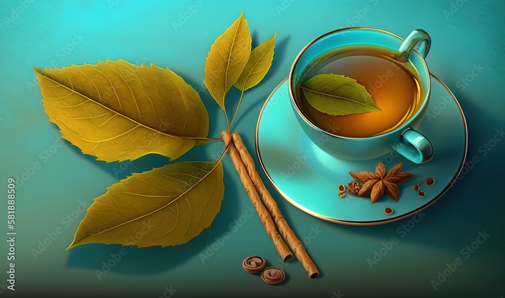  a cup of tea with a leaf and cinnamon on a saucer next to a cinnamon stick and two leaves on a blue