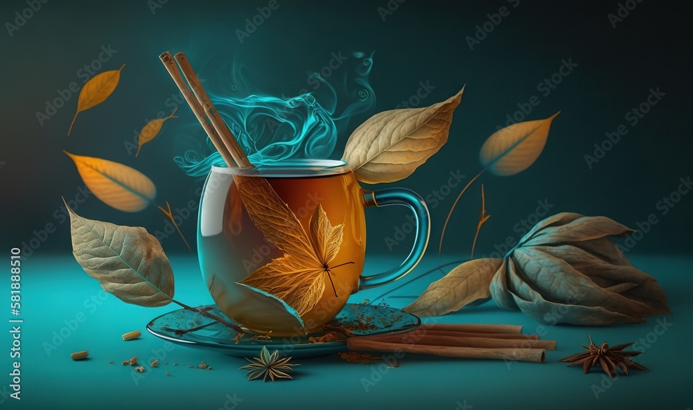  a cup of tea with cinnamons and leaves around it on a blue surface with a green background and a fe