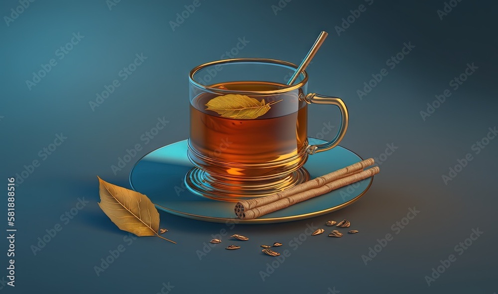  a cup of tea with a spoon on a plate next to a leaf and a cinnamon on a blue plate with a gold leaf