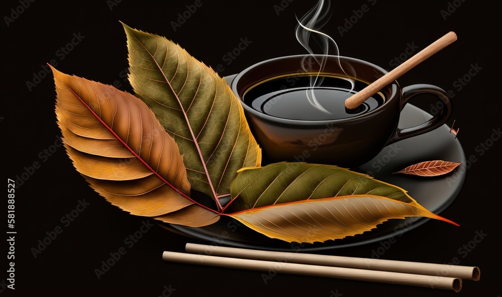  a cup of coffee and two cinnamon sticks on a plate with leaves and a cup of coffee on a saucer on a