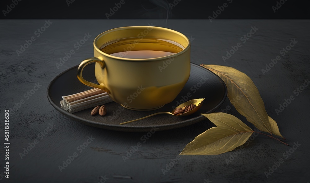  a cup of tea and a cigarette on a plate with a leaf and a cigarette lighter on a plate with a leaf 