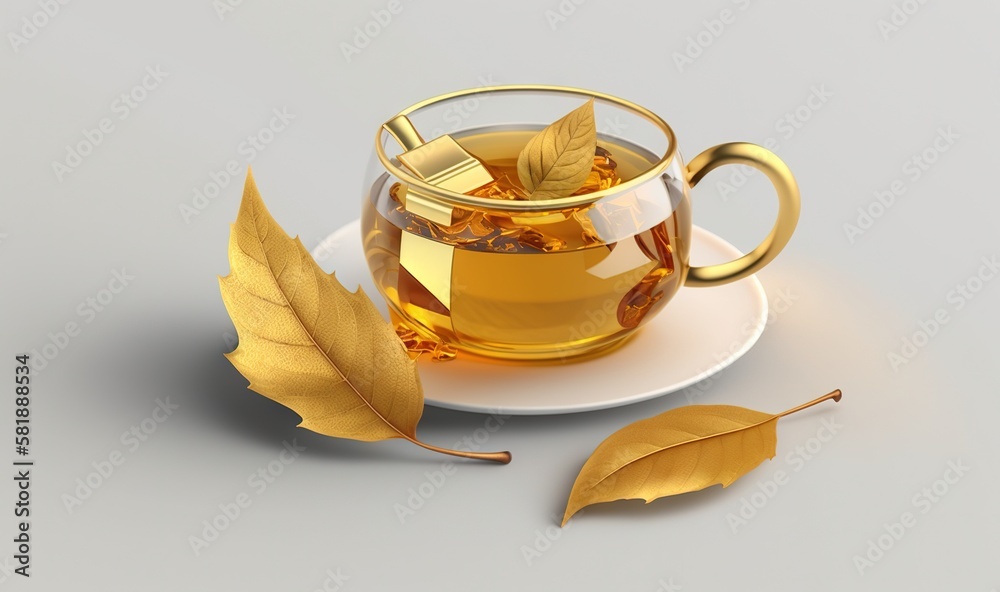  a cup of tea with a leaf on a saucer and a spoon on the side of the cup is a yellow leaf with a gol