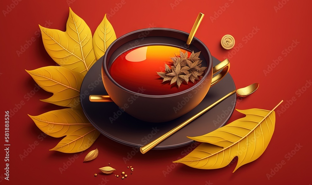  a cup of tea on a saucer surrounded by autumn leaves and gold coins on a red background with a red 