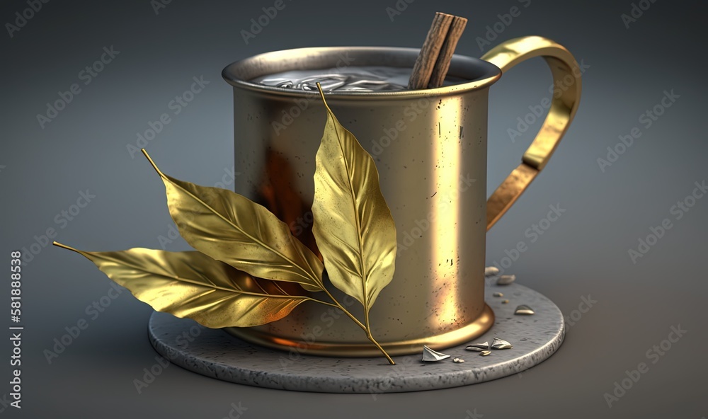  a cup of tea with a golden leaf and a cinnamon stick sticking out of the top of the cup, on a gray 