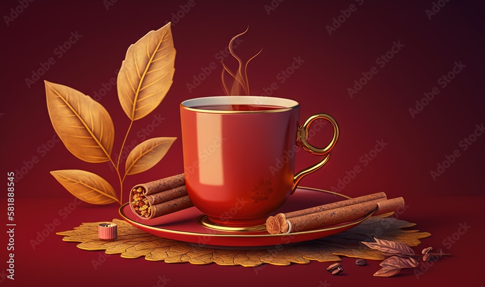  a cup of coffee and some cinnamons on a saucer with a leaf on a red tablecloth with a red backgroun