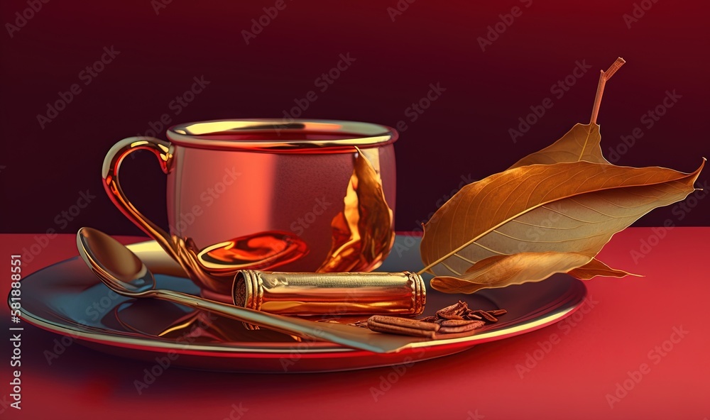  a cup of coffee and a spoon on a plate with a leaf on the side of the cup and a spoon on the plate 