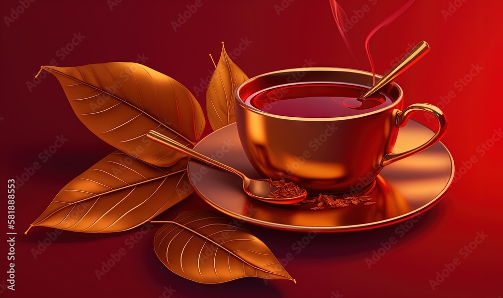  a cup of tea with a spoon on a saucer and a leaf on a saucer on a red surface with a red background