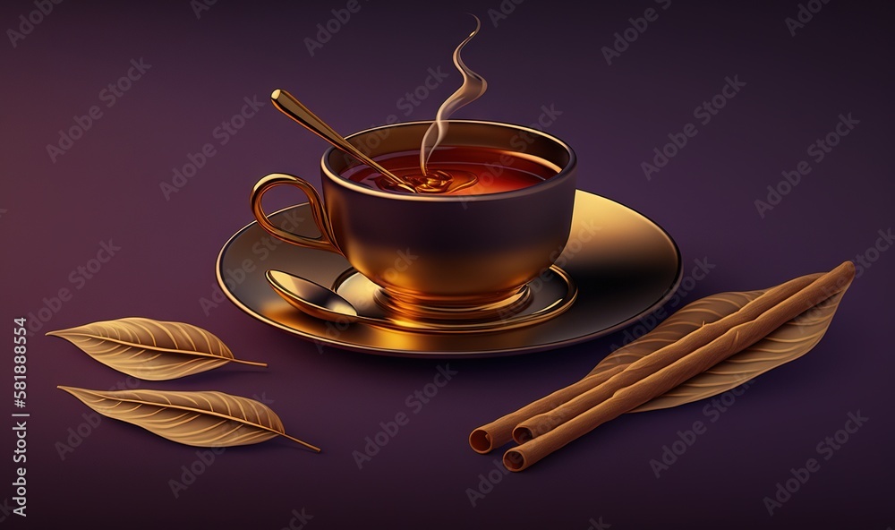  a cup of tea with a spoon and two cinnamon sticks on a saucer with a leaf on a purple background wi