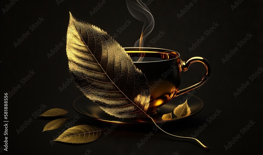  a cup of tea with a leaf on a saucer and a cup of tea on a saucer with a smoke coming out of it.  g