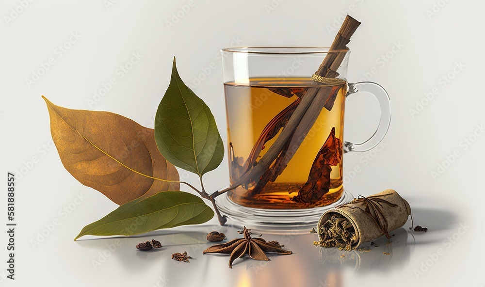  a cup of tea with cinnamons and anisette on a white background with a leaf and a cinnamon stick on 