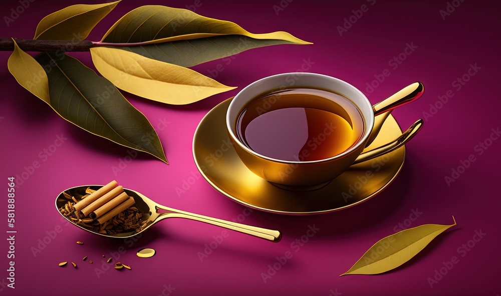  a cup of tea and a spoon with a honey on a purple background with leaves and a spoon with a honey o