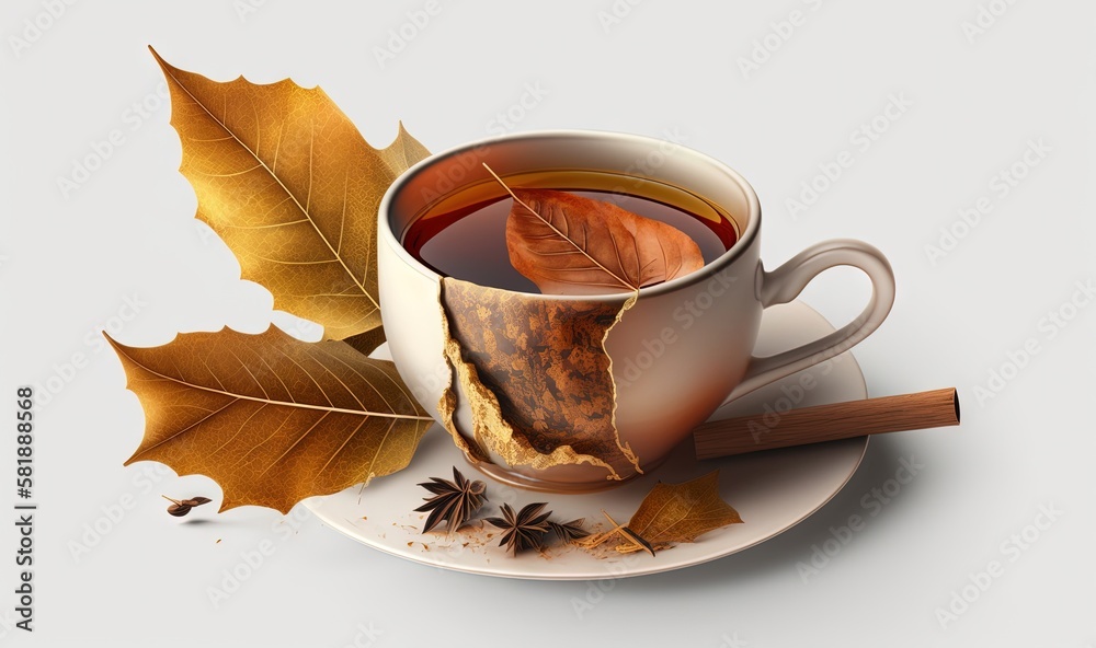  a cup of tea with a leaf and cinnamon on a saucer with a spoon and a spoon rest on a plate next to 