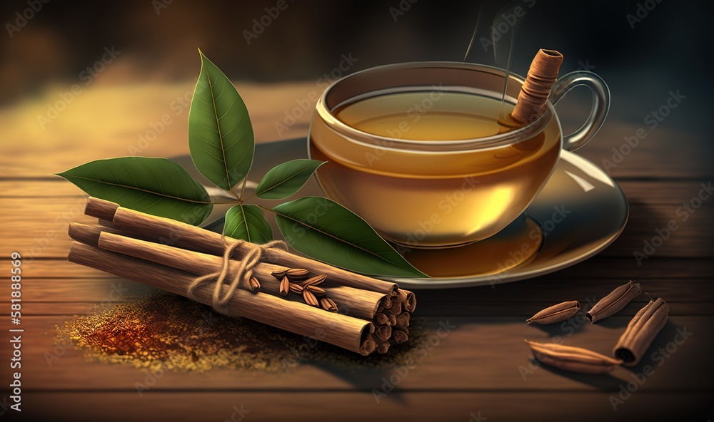  a cup of tea next to cinnamon sticks and a cinnamon stick on a plate on a wooden table with a green