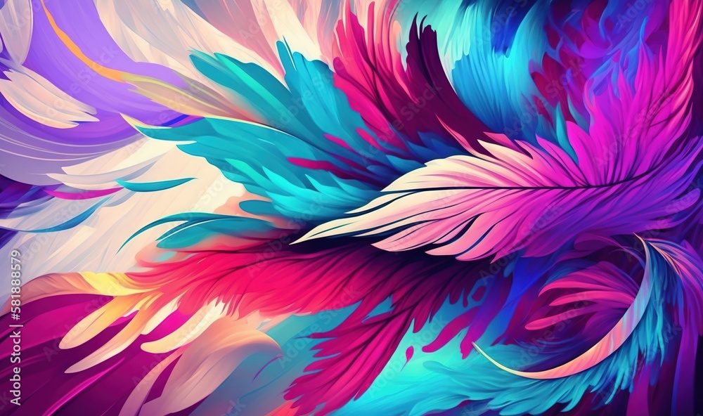  a colorful abstract painting of feathers on a black background with a blue, pink, and yellow feathe