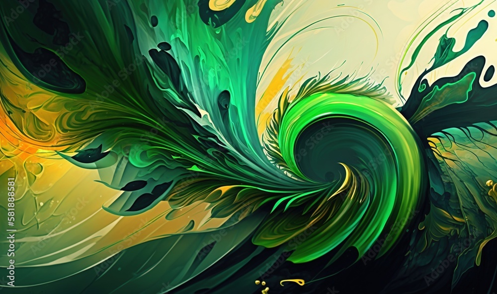  a painting of a green and yellow swirl on a white background with a black border around the center 