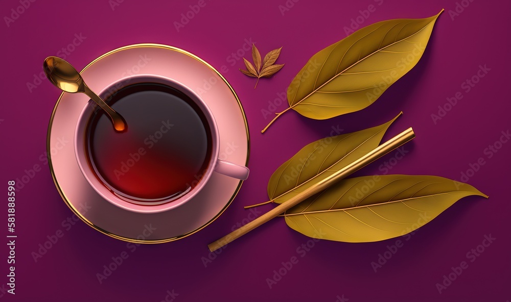  a cup of tea with a spoon and two leaves on a purple background with a pink plate and gold spoon on