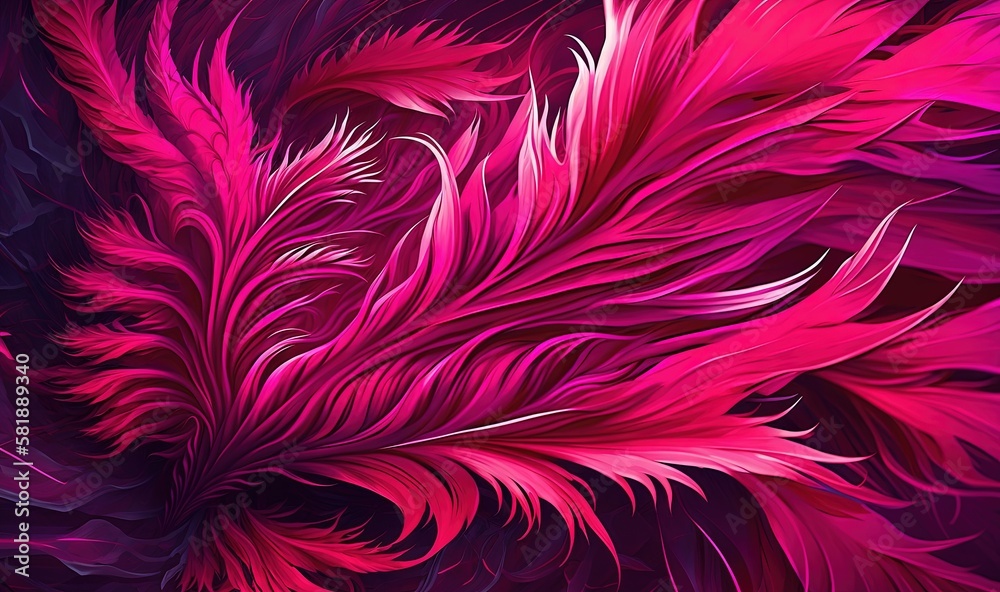  a close up of a purple and pink feather pattern on a black background with a red and pink feather o